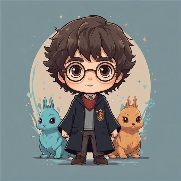 عکس هری پاتر فانتزی در کنار خرگوش‌های جادویی رنگی