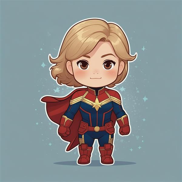 طرح کاپیتان مارول چیبی با شنل قرمز و پس‌زمینه آبی