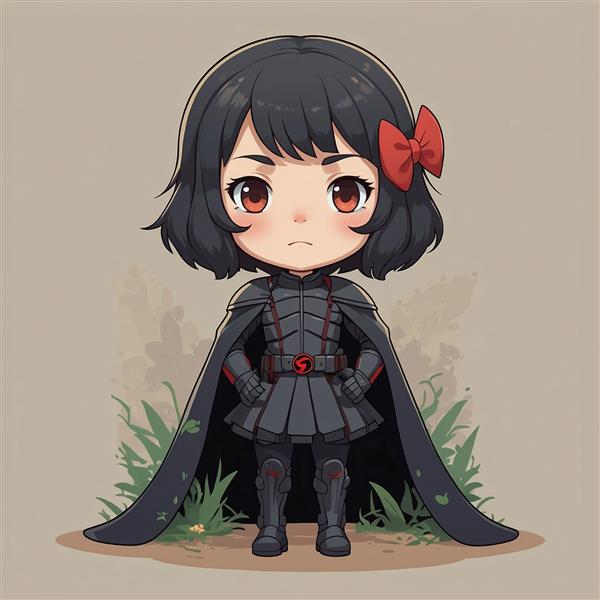 طرح کاراکتر انیمه دختر جنگجو با شنل مشکی