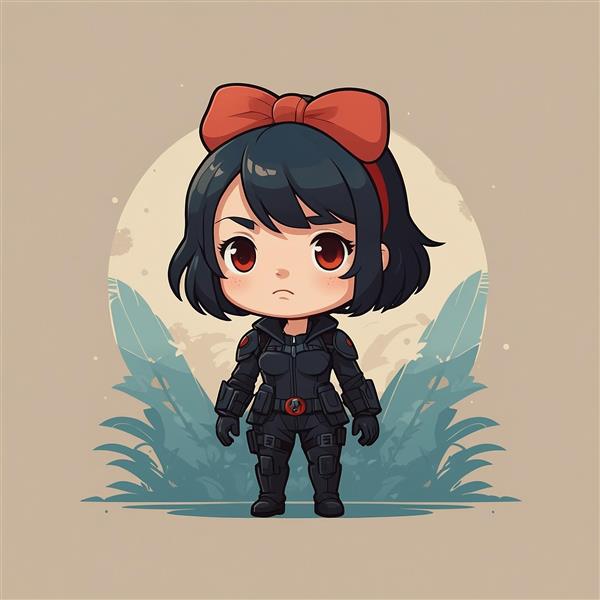 طرح دختر فانتزی با پاپیون قرمز بزرگ و لباس رزم