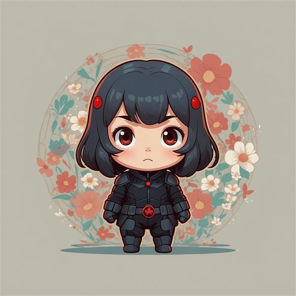 تصویر دختر فانتزی با لباس رزم در پس‌زمینه گلدار