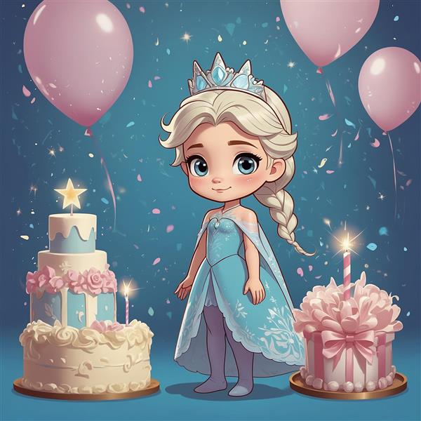 تصویر السا کارتونی با کیک تولد و تاج