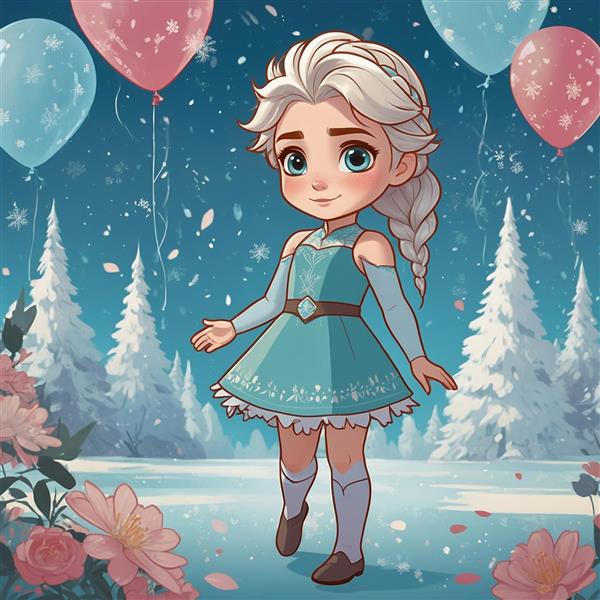 عکس السا کارتونی در منظره زمستانی با بادکنک‌های رنگی