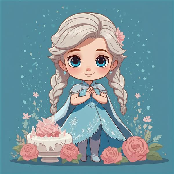 تصویر السا کارتونی با کیک تولد و گل‌های رز صورتی