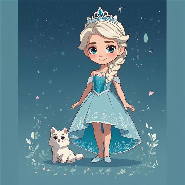 عکس السا کارتونی با سگ سفید کوچک و لباس دنباله‌دار