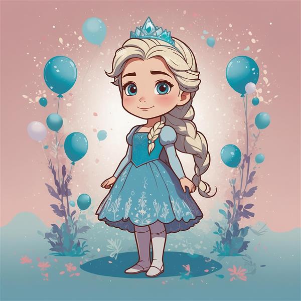 عکس السا کارتونی با تاج در میان بادکنک‌های آبی