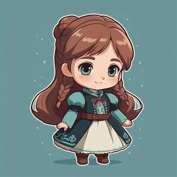 طرح دختر کارتونی فانتزی با موهای بلند و لباس سبز