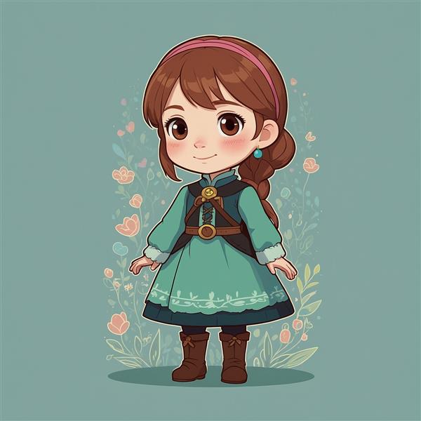 طرح دختر فانتزی کارتونی با لباس سنتی و گل