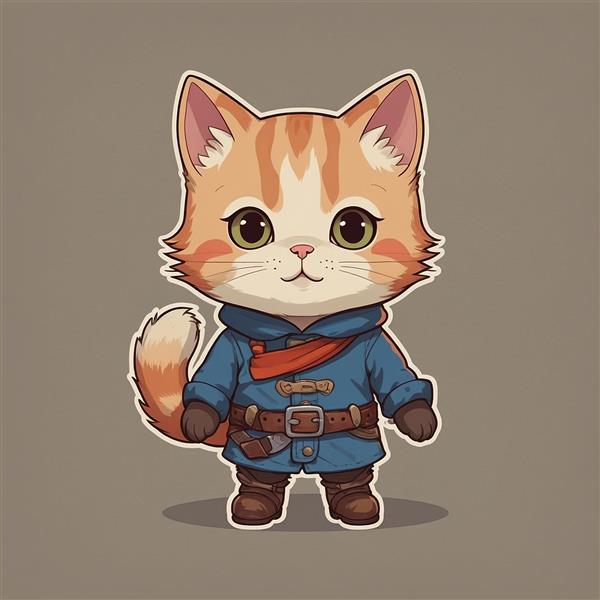 طرح استیکر گربه فانتزی با لباس و چکمه قهوه‌ای