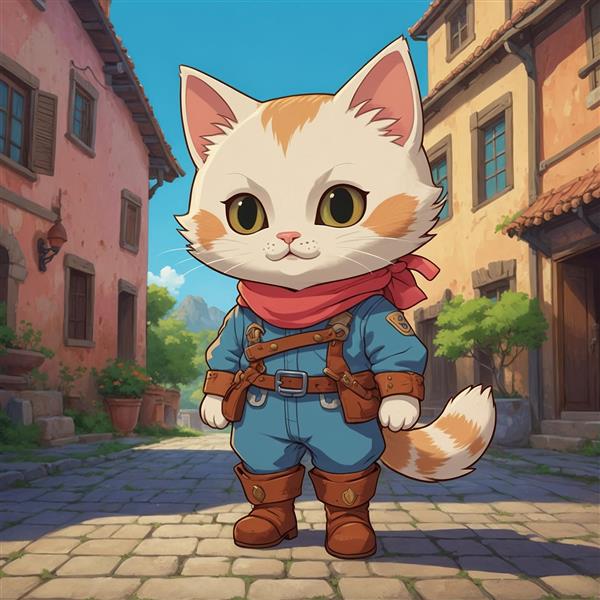 عکس گربه جنگجو در شهر قدیمی با لباس آبی