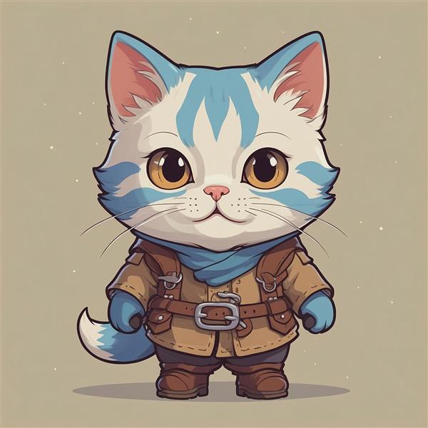 طرح گربه فانتزی با لباس قهوه‌ای و جزئیات آبی