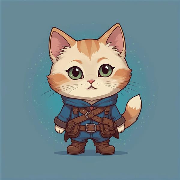 تصویر گربه جنگجو با لباس آبی و کیف‌های چرمی