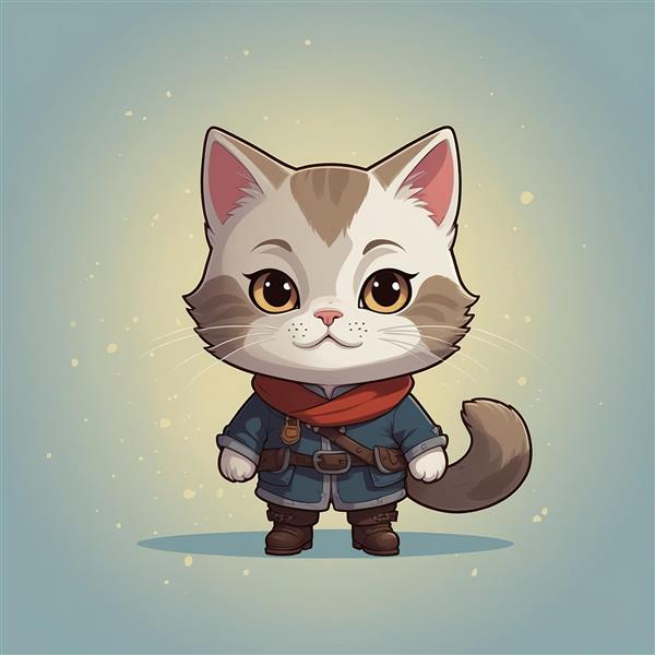 طرح گربه فانتزی با لباس آبی و شال‌گردن قرمز