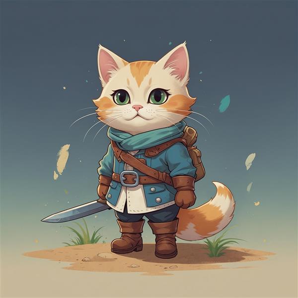 تصویر گربه جنگجو فانتزی با شمشیر و لباس رزمی