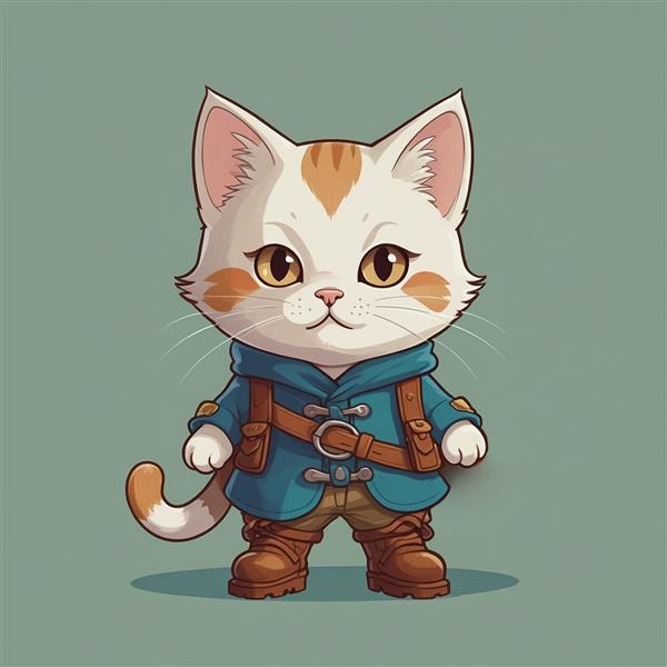 طرح گربه مسافر فانتزی با کوله‌پشتی و لباس آبی