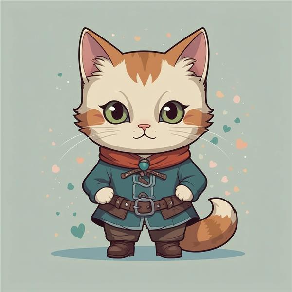 تصویر گربه فانتزی با لباس سبز تیره و شال قرمز