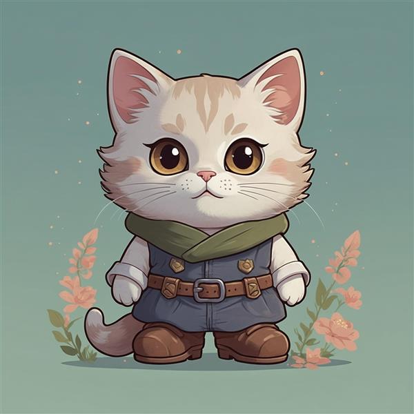 طرح گربه فانتزی با جلیقه سرمه‌ای و شال سبز