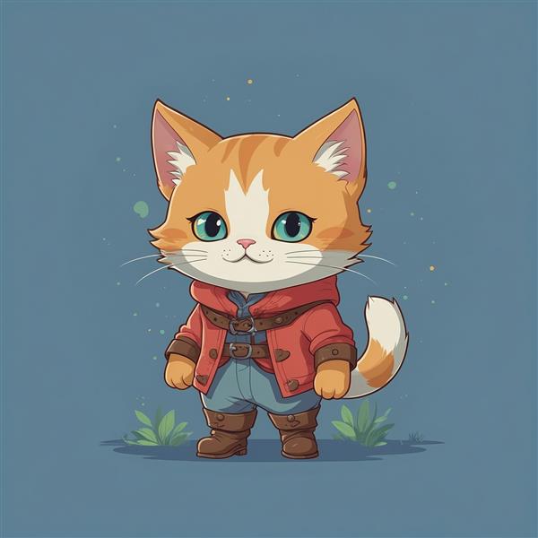 تصویر گربه فانتزی با ژاکت قرمز و شلوار آبی