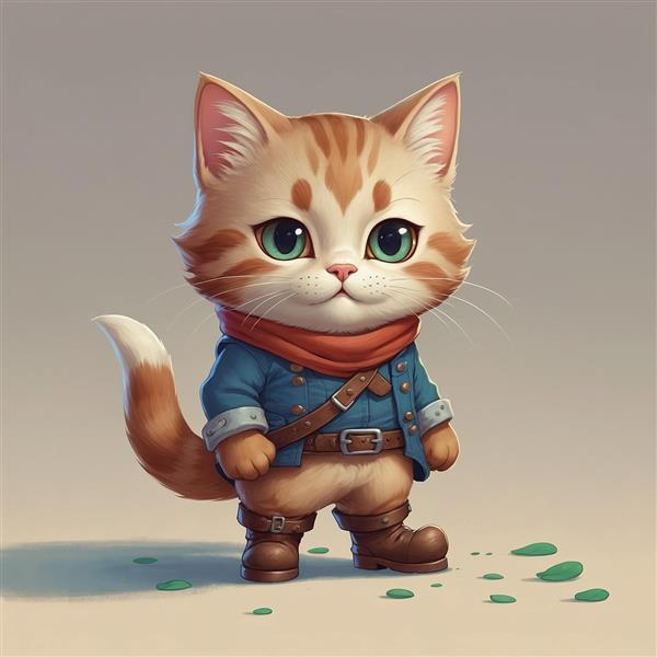 طرح گربه نارنجی فانتزی با شال‌گردن قرمز و چکمه