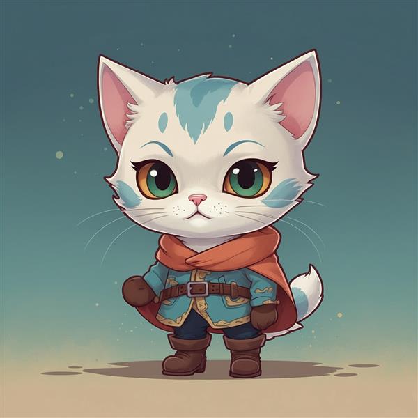 عکس گربه فانتزی با شنل قرمز و لباس آبی روشن