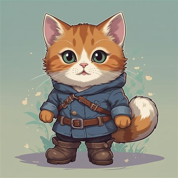 طرح گربه فانتزی با پالتو آبی و دم پشمالو