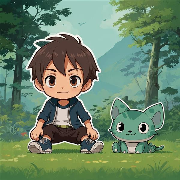 عکس پسر کارتونی با گربه فانتزی در جنگل سرسبز