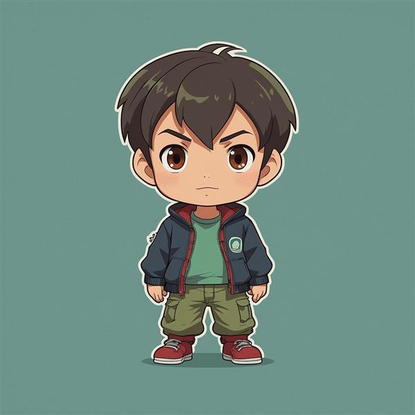 عکس پسر کارتونی با کاپشن سرمه‌ای و شلوار خاکی