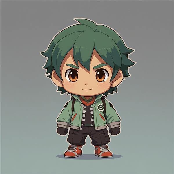 طرح پسر فانتزی با موهای سبز و جلیقه تاکتیکال