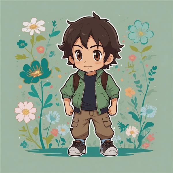 طرح پسر فانتزی در میان گل‌های رنگارنگ و زیبا