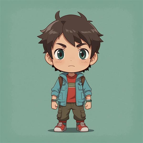 عکس پسر کارتونی با موهای قهوه‌ای و جلیقه آبی