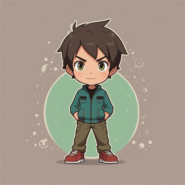 طرح پسر کارتونی با کاپشن سبز و استایل مینیمال