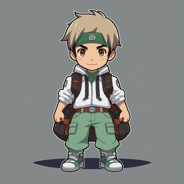 تصویر پسر کارتونی با سربند سبز و کوله‌پشتی بزرگ