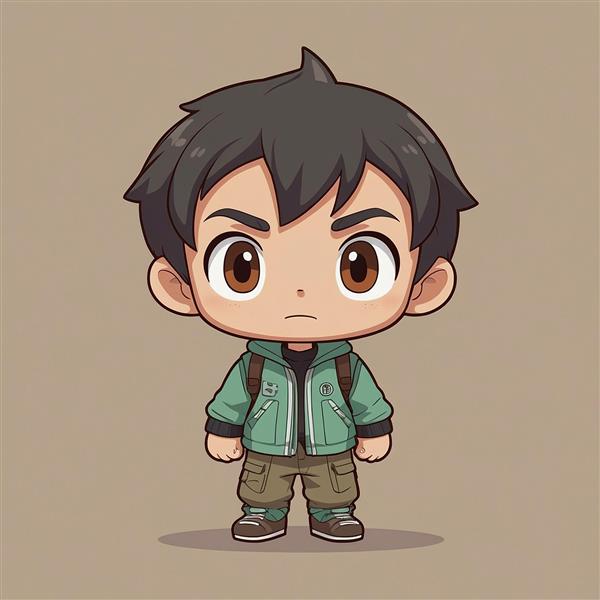 طرح کاراکتر پسر فانتزی با کوله‌پشتی و لباس سبز