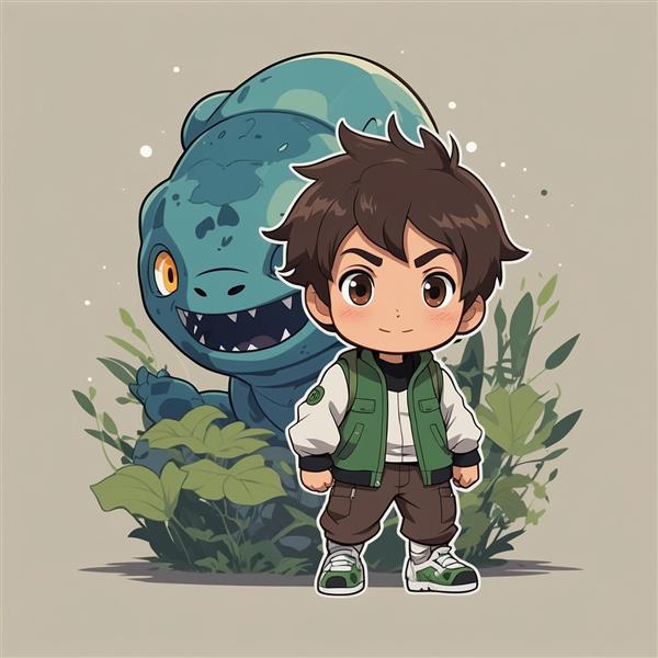 تصویر پسر کارتونی همراه با موجود فانتزی سبز