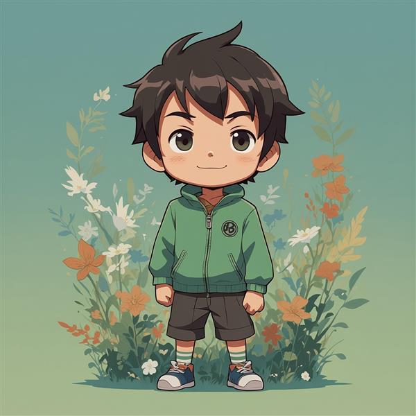 طرح کاراکتر پسر کارتونی با پس‌زمینه طبیعت و گل
