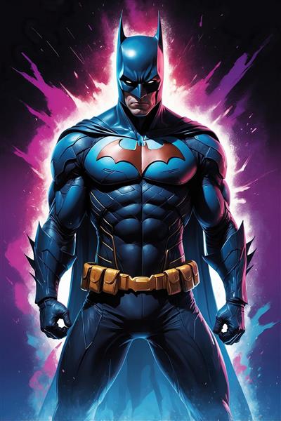 تصویر بتمن با لوگوی قهوه‌ای و هاله نوری بنفش