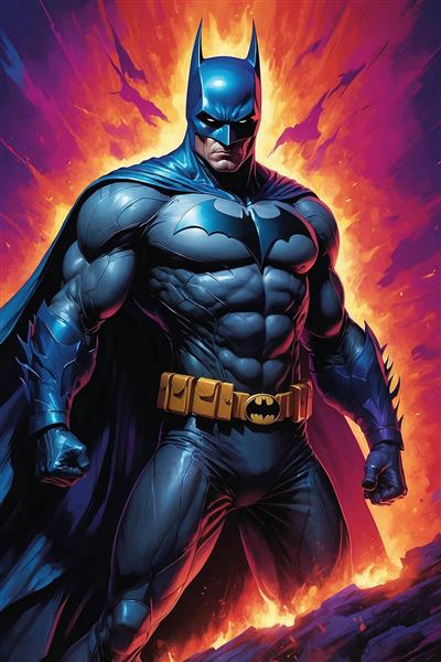 عکس بتمن کارتونی با پس‌زمینه آتشین و جزئیات دقیق