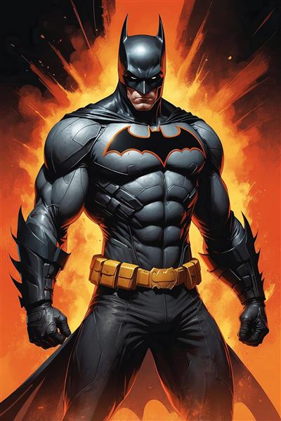 عکس بتمن با فیگور قدرتمند و پس‌زمینه گرافیکی آتش