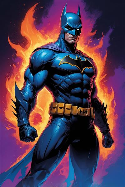 طرح بتمن آبی در میان شعله‌های بنفش و نارنجی