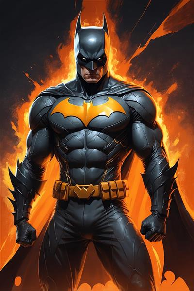 تصویر بتمن با آرم طلایی و شنل مشکی در آتش