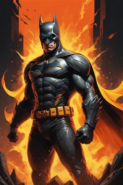 عکس بتمن در ویرانه‌های شهر با تم آتشین