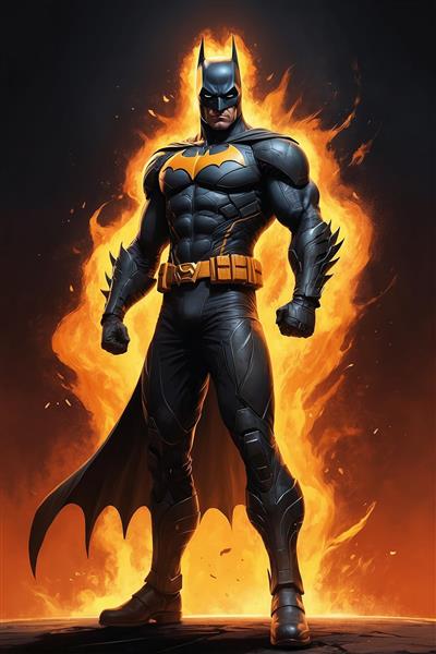 تصویر کامل بتمن فانتزی با هاله آتشین در تاریکی