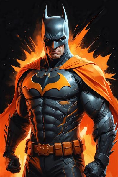 عکس بتمن با شنل نارنجی در میان شعله‌های آتش