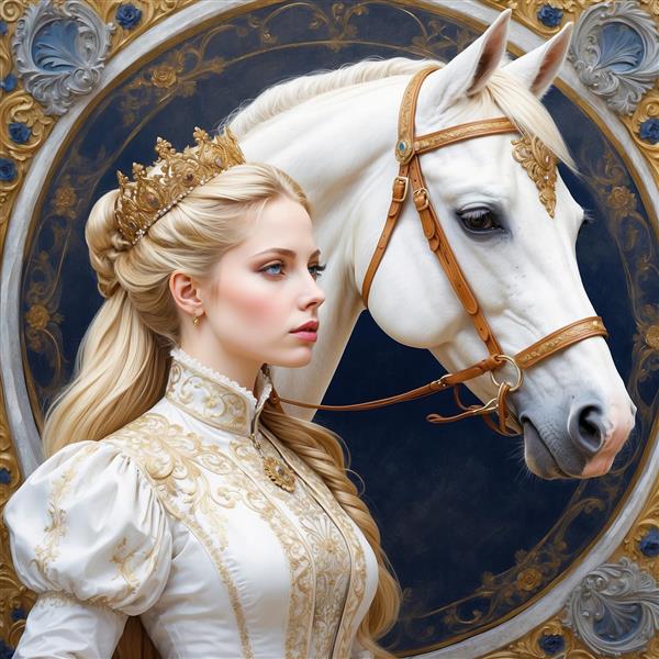 تصویر ملکه با اسب سفید در قاب کلاسیک باکیفیت