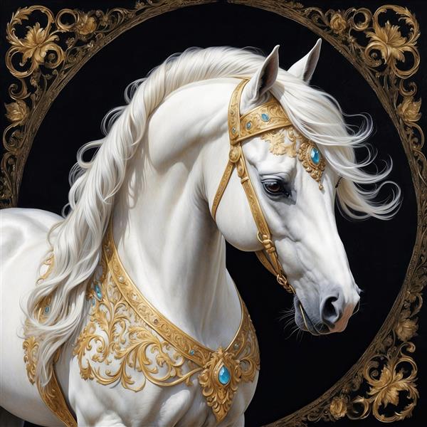 طرح اسب سفید با یال درخشان و تزیینات فیروزه‌ای طلایی