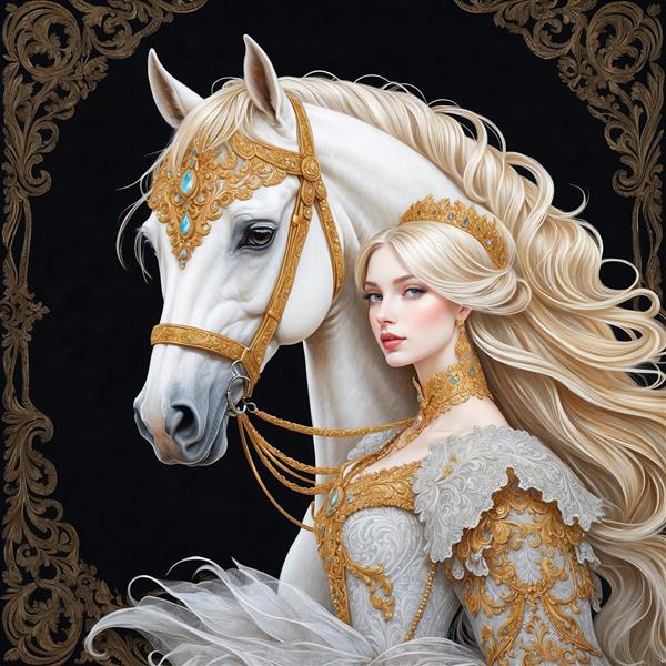 عکس دختر و اسب سفید فانتزی با لباس اشرافی طلاکوب
