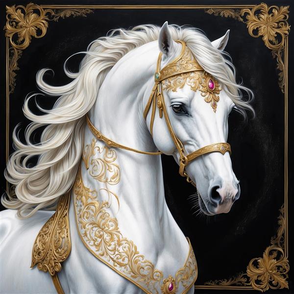 تصویر چهره اسب سفید فانتزی با یال بلند و زین طلا