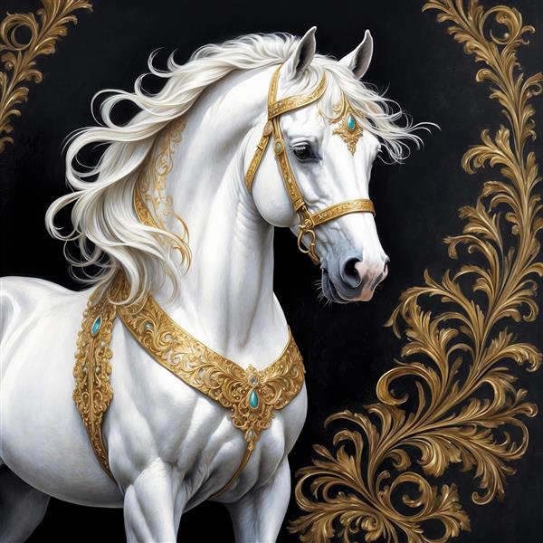 طرح اسب سفید سلطنتی با حاشیه اسلیمی و یال مواج