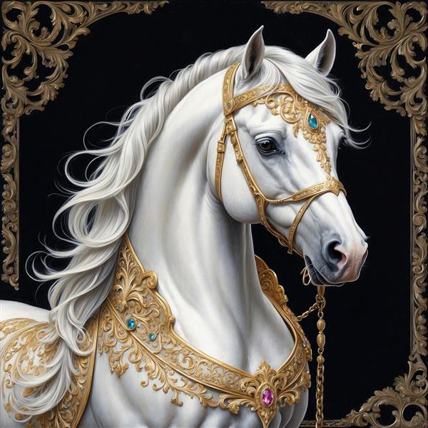 عکس اسب سفید با تزیینات طلایی و سنگ‌های زینتی رنگی