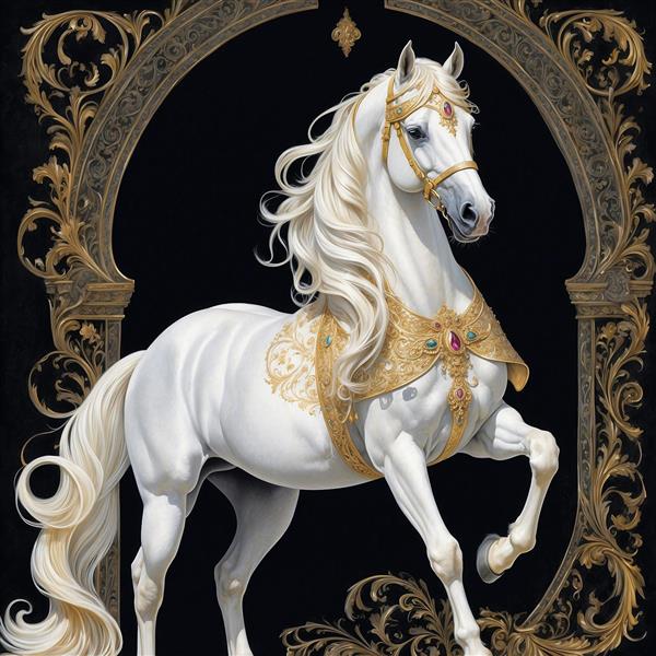 تصویر اسب سفید فانتزی با زین طلاکوب و یال بلند